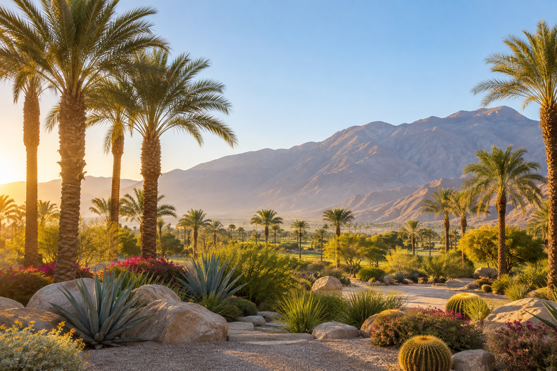Palm trees and desert mountains near Indio, California, illustrating things to do in Greater Palm Springs