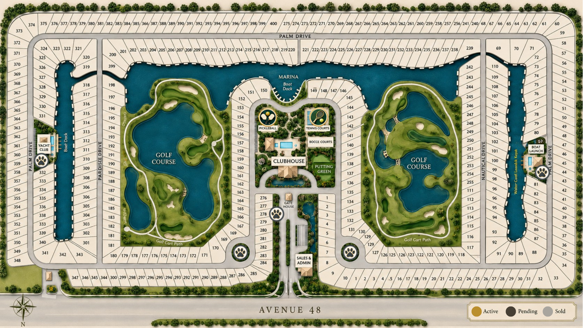 A top-down architectural floor plan and site map of Motorcoach Country Club, showing parking lots, golf courses, lakes, clubhouse, marina, and street names including Avenue 48.
